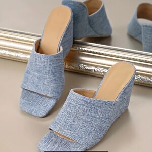 Open-Toe Blue Linen Wedge Mules -